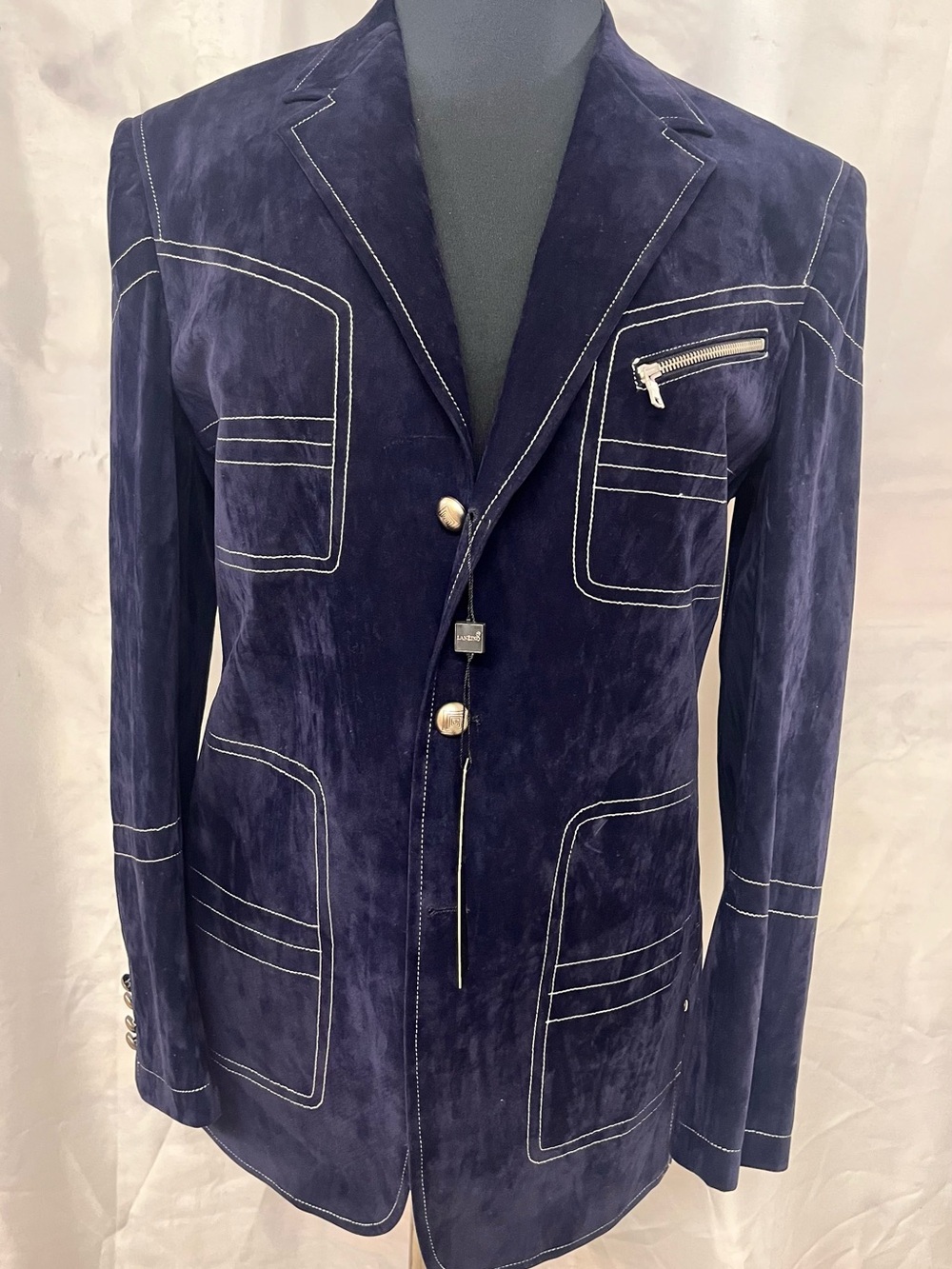 Men's Navy Suede Blazer with Contrast Stitching